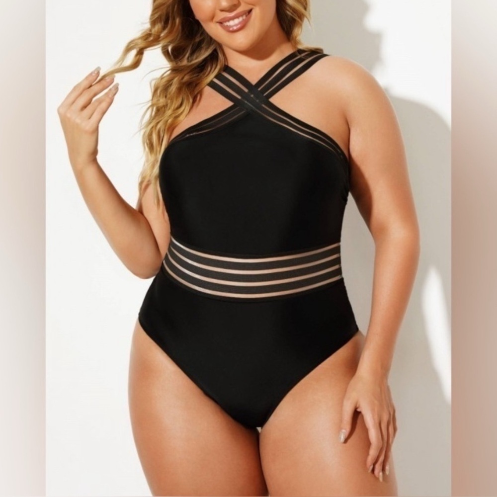 Hilor Black One Piece Crossover Swimsuit Size M (8-10)